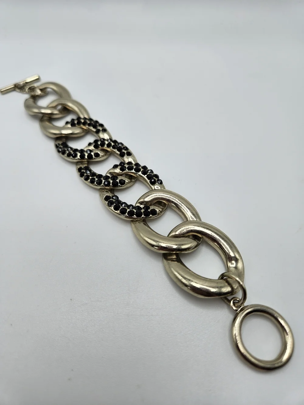 VINTAGE Silver Tone Black Rhinestone large Chain Link Bracelet Toggle Close Punk